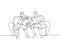 Continuous line drawing of two young men soccer fans club handshaking and sitting on a couch to watch football match. Dynamic