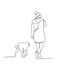 Continuous line drawing of woman walking exercise with dog. One continuous single drawing line art doodle girl dog young