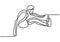 Continuous line drawing of young athletic man long jump. Young energetic athlete exercise to land on sand pool after jumping