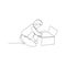 continuous line drawing of young boy sitting behind computer. isolated sketch drawing of young boy sitting behind computer line