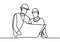 Continuous line drawing of young engineer giving instruction to builder coordinator with minimalist design isolated in white