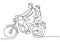 Continuous line drawing of young father riding a motorcycle with his little son isolated on white background. Father`s Day theme