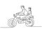 Continuous line drawing of young father riding a motorcycle with his little son isolated on white background. Father`s Day theme