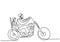 Continuous line drawing of young father riding a motorcycle with his little son isolated on white background. Father`s Day theme