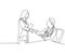 Continuous line drawing of young female doctor handshake with male doctor at hospital. Great healthcare teamwork concept. One line