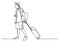 Continuous line drawing of young traveler rolling bag on wheels