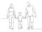 Continuous line family. Happy mother, father and child walking. Linear silhouette of couple with kid. Family protect