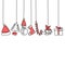 Continuous line hanging christmas tree, gift box, star, love, christmas hat and sock. Merry Christmas and Happy New Year theme