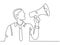 Continuous line man with megaphone. Male silhouette screams in loudspeaker. Businessman hires employee, protests or