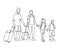 Continuous Line Parents with Children Travelling on Vacation. One Line Family with Baggage. Contour People with Luggage
