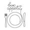 Continuous linear drawing of the plate and the inscription Bon appetit. Knife and fork contours. Hand drawn single line 