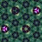 Continuous mosaic tiles pattern in teal, green and violet, deep colors