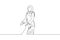 Continuous one line drawing Arabic woman walking on romantic honeymoon promenade holiday holding hand of husband following her,
