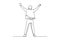 Continuous one line drawing back view young happy business man standing and fist his hands to the air to celebrate success.