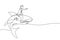 Continuous one line drawing brave businessman riding huge dangerous shark. Professional entrepreneur male character fight with