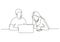 Continuous one line drawing of business concept. Man and woman sitting with laptop. Creative work of discussion, client meeting,