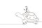 Continuous one line drawing businessman riding huge turtle. Slow movement to success, manager driving giant tortoise. Business