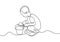 Continuous one line drawing of a child kid playing sand on the bucket