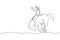 Continuous one line drawing cowboy riding bucking bronco at sunset. Rodeo cowboy at horse ranch. Wild horse race. Cowboy taming
