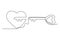 Continuous one line drawing cute pair heart shaped key and keyhole fit on puzzle symbol. Romantic, love, relationship couple mate