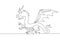 Continuous one line drawing fairy dragons. Funny fairytale dragon, magic lizard with wings and fire breathing serpent. Flying