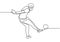 Continuous one line drawing of football player. Concept of keeper kick a ball