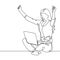 Continuous one line drawing of a girl with laptop. Woman raising her hands up to show happy and celebration after finishing job