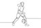 Continuous one line drawing of girl playing football. Woman player dribbling a ball minimalism concept