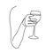 Continuous one line drawing glass of wine in hand toasting on white background. Vector illustration