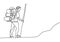 Continuous one line drawing of hand drawn traveling people with backpacks silhouettes. The tourist hiking backpack picnic