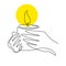 Continuous one line drawing of a hand holding burning candle. Human hands holding a memory candle. Melting wax candle in left hand