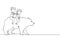 Continuous one line drawing happy boy and girl riding brown grizzly bear together. Children sitting on back big bear at circus