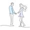 Continuous one line drawing of happy young couple standing and holding hands together. Loving couple woman and man in romantic