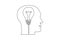 Continuous one line drawing of human head and electric light bulb. Concept of idea emergence. Vector