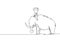 Continuous one line drawing little boy caveman riding woolly mammoth. Young kid sitting on back of mammoth. Stone age children.