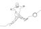 Continuous one line drawing of a man kick a ball during football soccer game. Person of athlete jump and making a goal on sport.