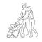 Continuous one line drawing of mom and dad with a toddler in a stroller drawn by hand vector illustration. Husband and