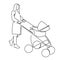 Continuous one line drawing of mom with a toddler in a stroller drawn by hand vector illustration. Mother with a baby on