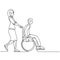 Continuous one line drawing of nurse or volunteer pushing wheelchair with disabled old man. Helping elderly and sick people.