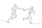 Continuous one line drawing relay race, runner passes the baton. Teamwork concept.