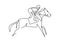 Continuous one line drawing rider on horseback. young horse rider man in jumping action. Equine training at racing track. Elegant