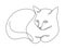 Continuous one line drawing of satisfied cat lies on a white background. Simple drawing happy domestic cat lying