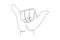 Continuous one line drawing of shaka sign. Hang loose hand gesture of friendly intent often associated with Hawaii and surf