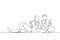 Continuous one line drawing students woman and man reading together, learning and sitting at park. Literature fans or lovers,