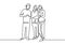 Continuous one line drawing of three standing persons talking with paper. Man and women meeting to discuss business