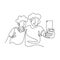 Continuous one line drawing of two funny people taking picture with smartphone. Selfie persons of two male and female with happy