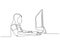 Continuous one line drawing of woman doing work with computer. Young girl with monitor business metaphor concept