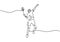 Continuous one line drawing of young man athlete playing badminton. A male jump and hit shuttlecock with racket. Competitive sport