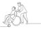 Continuous one line drawing of a young man pushing wheelchair with disabled old man. Helping elderly, disable people and sick