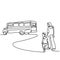 Continuous one line drawing of young mother takes her child to school bus. Happy little kid is standing with his mommy on the